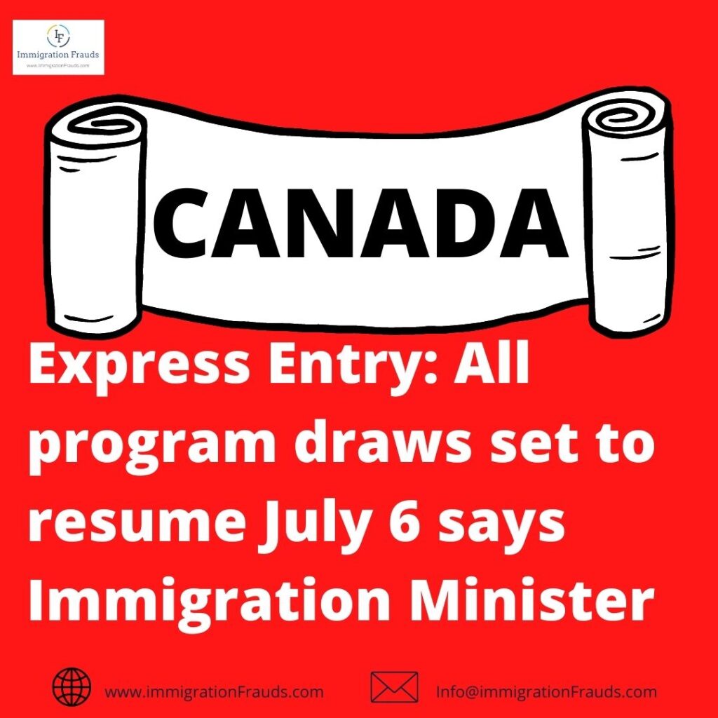 Canada Update, All Program Draws Set To Resume 6 July’22 Says Immigration Minister Sean Fraser 