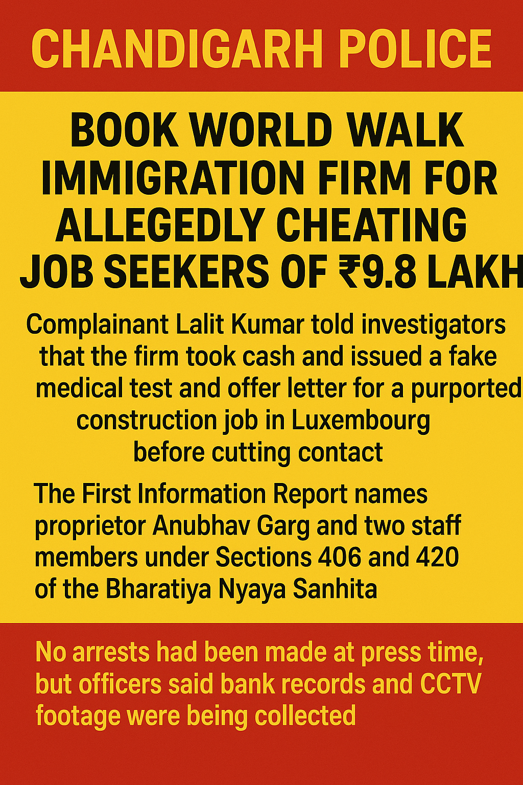 Chandigarh Police Book Sector-17 Immigration Firm World Walk Immigration for Allegedly Cheating Job Seekers of ₹9.8 Lakh