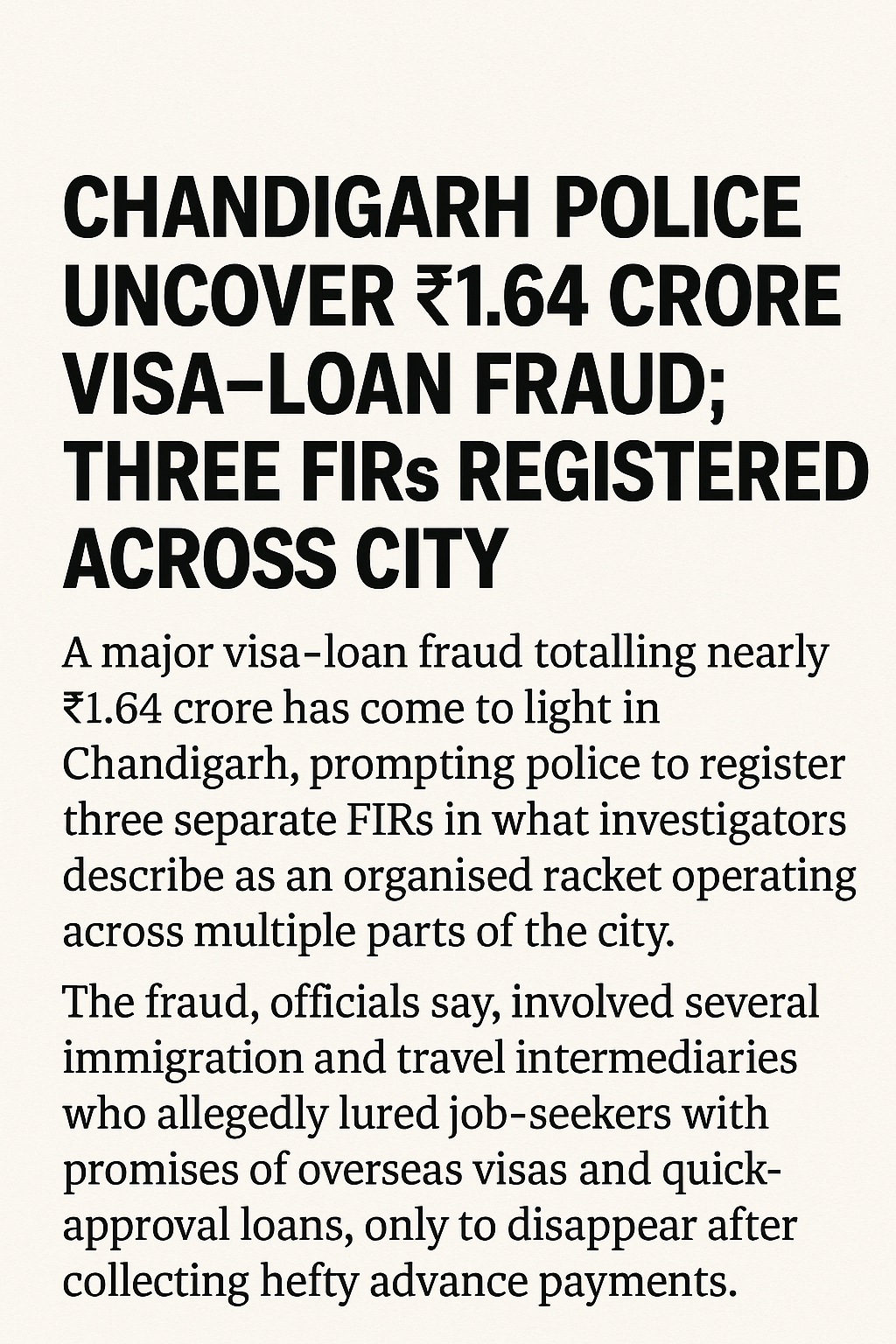 Chandigarh Police Uncover ₹1.64 Crore Visa Loan Fraud; Three FIRs Registered Across City